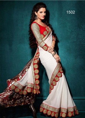 Gorgeous White1502 Floral Georgette Party Wear Bollywood Saree at Zikimo
