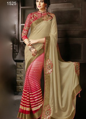 Red Silky Net 1525 Party Wear Saree With Biege Color Pallu at Zikimo