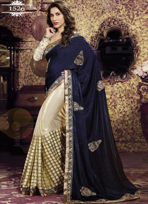 Cream With Navy Blue Pallu Georgette Party Wear Saree1526 At Zikimo