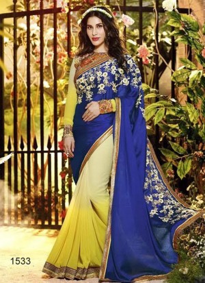 Sophie Lemnon Yellow and Blue 1533 Georgette Wedding Party Wear Saree at Zikimo