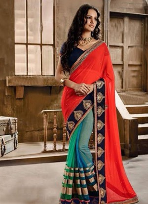 Orange Blue Georegtte 1540 Embroidered Bollywood Party Wear Indian Saree at Zikimo