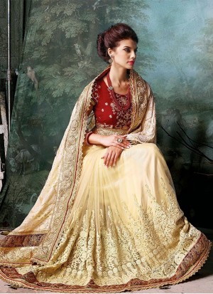 Tan color1544 Heavy Embroidery Work Wedding Sangeet Party Wear Georegtte Saree at Zikimo