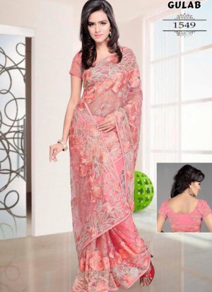 Baby Pink Color 1549 Full Embroidery Work Party Wear Net Saree at Zikimo