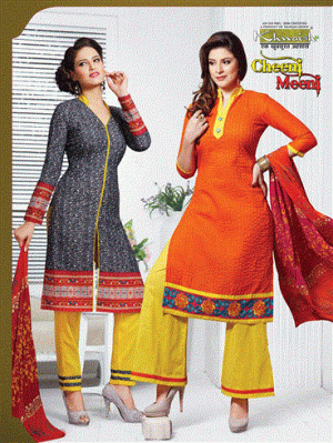 Cheeni Meeni Black and Orange Printed Cotton Un-stitched Party Wear/Daily Wear Chudidar Suit With Chiffon Dupatta 5409