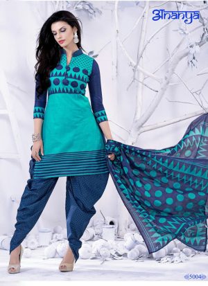 Excellent Aqua Blue and Navy Blue Printed Cotton 5004 Daily Wear  Salwar Kameez At Zikimo