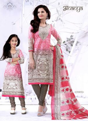 Beautiful Pink and Tan Brown Printed Cotton 5005 Daily Wear  Salwar Kameez At Zikimo