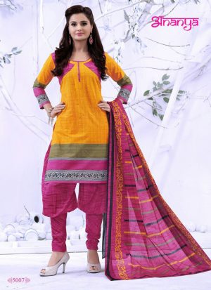 Turmeric Yellow and Deep Pink  5007 Daily Wear Printed Cotton Salwar Suit  At Zikimo