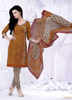 Gorgeous Brown and Wheat Brown  Printed Cotton 5014 Daily Wear Salwar Kameez At Zikimo