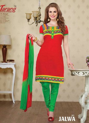 Jalwa 301 Red and ParrotGreen Embroidered Cotton Daily Wear Salwar Suit