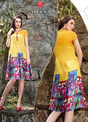 Stunning Yellow and Multicolor 1194 Half Georgette Half Satin Party Wear Kurti At Zikimo