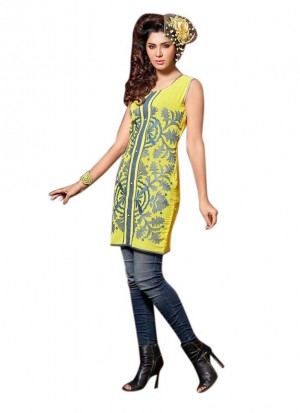 Yellow With Grey Designer Georgette Party Wear Kurti at Zikimo