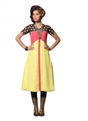 Yellow With Pink Designer Georgette Party Wear Kurti at Zikimo