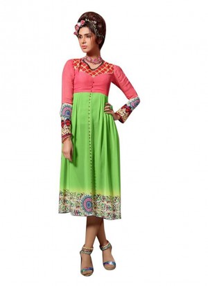 Green With Pink Designer Georgette Party Wear Kurti at Zikimo