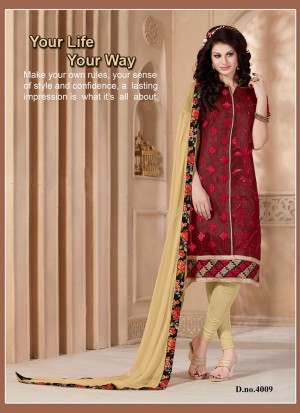 Admirable Maroon and Ivory 4009Chanderi Daily Wear Straight Suit At Zikimo