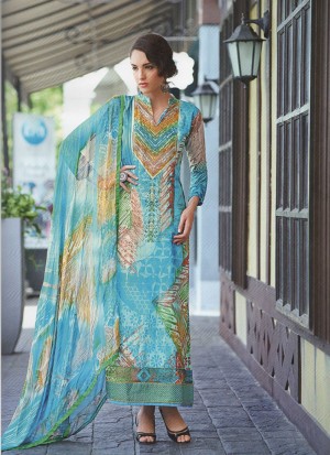 Pretty AquaBlue and Multicolor Pakistani Style 9003A Party Wear Satin Cotton Suit At Zikimo
