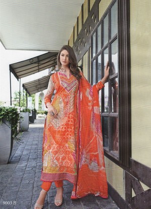 Glamorous Orange and Multicolor Pakistani Style 9003B Party Wear Satin Cotton Suit At Zikimo