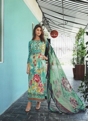 Glamorous AquaGreen and Multicolor Pakistani Style 9004B Party Wear Satin Cotton Suit At Zikimo