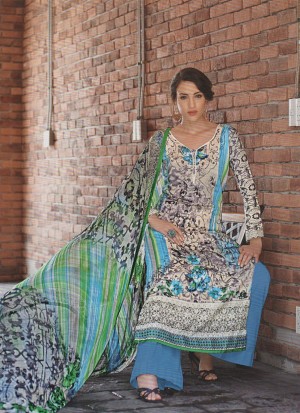 Captivate Off White and Deep Sky Blue Pakistani Style 9005A Party Wear Satin Cotton Suit At Zikimo