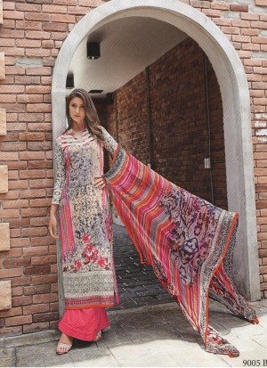 Pleasant Ivory and Deep PinkPakistani Style 9005B Party Wear Satin Cotton Suit At Zikimo