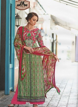 Lovely Green and Multicolor Pakistani Style 9006A Party Wear Satin Cotton Suit At Zikimo