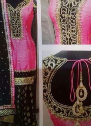 Hot Pink and Black Raw Silk Heavy Embroidered Punjabi Salwar Kameez At Zikimo