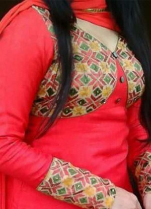 Red Plain Raw Silk Full Patiala Punjabi Salawar Kameez with Phulkari Jacket kotti at zikimo