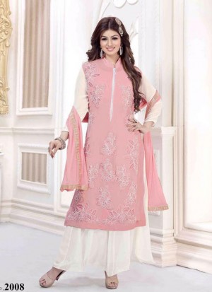 Beautiful Pink and White 2008 Semi Georgette Party Wear Straight Suit At Zikimo