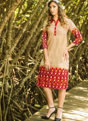 Beautiful Beige and Red Party Wear 527A Lemon Georgette Kurti At Zikimo