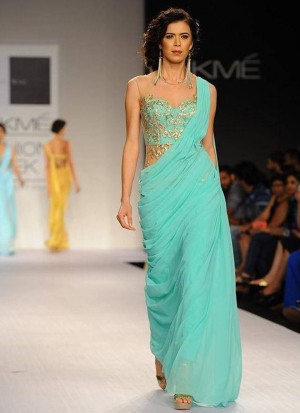 Turquoise Pre-Stitched Saree with Zari Embroidery at Zikimo