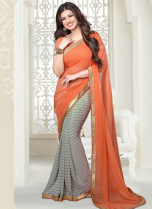 ORANGE AND GREY GEORGETTE DESIGNER SAREE AT ZIKIMO