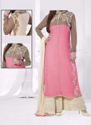 GORGEOUS PINK GEORGETTE EMBROIDERY DESIGNER PARTY WEAR PLAZZO SUIT AT ZIKIMO