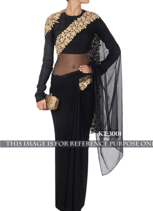 Black Net With Multi Seqence Work Party Wear Saree 3001 With Raw Silk Blouse