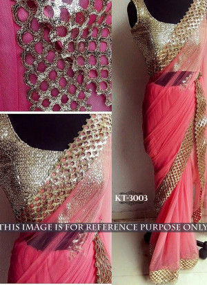 Light Pink Net With Multi Seqence Work Party Wear Saree 3003 With Raw Silk Blouse