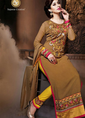Brown and Yellow 17012 Embroidered Semi Georgette Party Wear Designer Suit At Zikimo