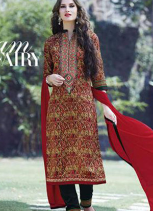 Red and Multicolor319 Printed Embroidered Daily Wear Glace Cotton Straight Suit at Zikimo