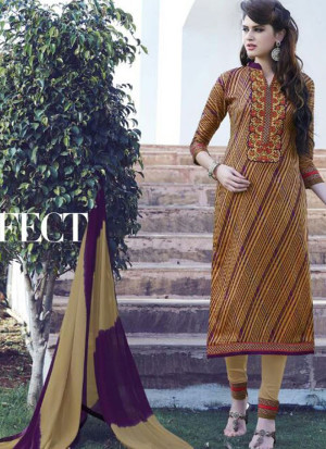 Multicolor and DarkIvory333 Printed Embroidered Daily Wear Glace Cotton Straight Suit at Zikimo