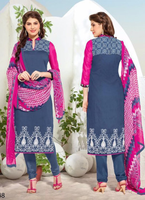 DarkBlue and Magenta48 Embroidered Cotton Chanderi Daily Wear Suit At Zikimo
