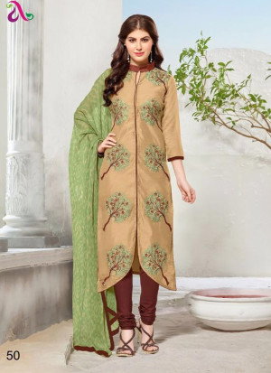 Burlywood and ChocolateBrown50 Embroidered Cotton Chanderi Daily Wear Suit At Zikimo