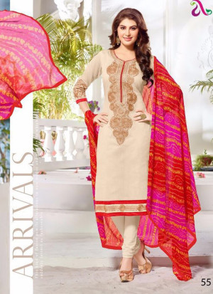 Ivory and Red55 Embroidered Cotton Chanderi Daily Wear Suit At Zikimo