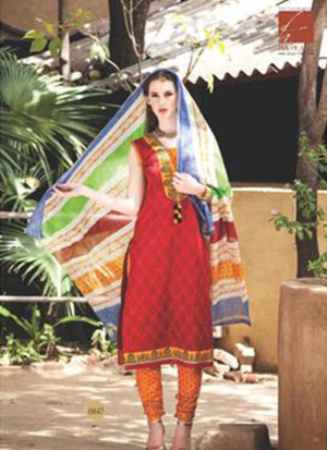 Pretty 0847A Red and Yellow Satin Cotton Un-stitched Straight Suit at Zikimo