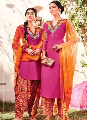 Magenta and Orange6101 Embroidered Pure Cotton Satin Party Wear Designer Suit at Zikimo