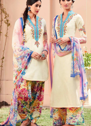 Cream and AquaBlue6102 Embroidered Pure Cotton Satin Party Wear Designer Suit at Zikimo