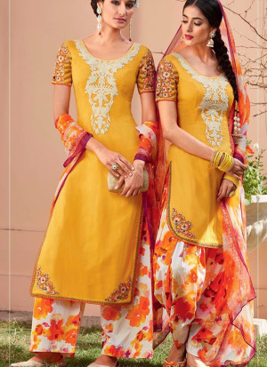 Yellow and Cream6103 Embroidered Pure Cotton Satin Party Wear Designer Suit at Zikimo