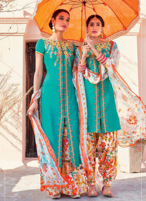 SeaGreen and Yellow6104 Embroidered Pure Cotton Satin Party Wear Designer Suit at Zikimo