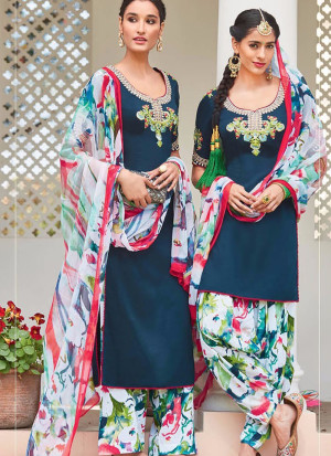 RichBlack and Multicolor 6106 Embroidered Pure Cotton Satin Party Wear Designer Suit at Zikimo