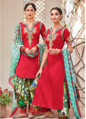 Red and Multicolor6107 Embroidered Pure Cotton Satin Party Wear Designer Suit at Zikimo