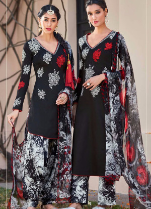 Black and White6108 Embroidered Pure Cotton Satin Party Wear Designer Suit at Zikimo