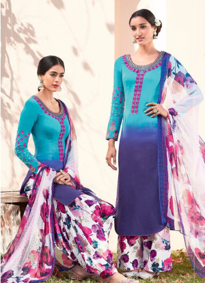 AquaBlue and MidnightBlue6109 Embroidered Pure Cotton Satin Party Wear Designer Suit at Zikimo