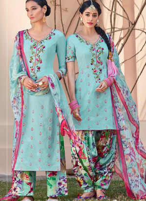 SkyBlue and Multicolor6110 Embroidered Pure Cotton Satin Party Wear Designer Suit at Zikimo