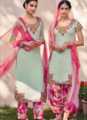 PastelGray and Pink6111 Embroidered Pure Cotton Satin Party Wear Designer Suit at Zikimo